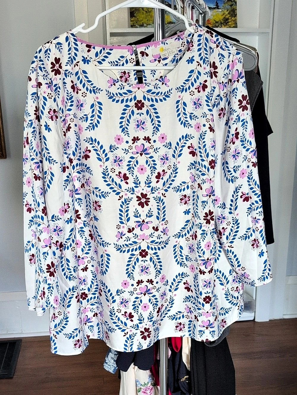 Boden W0501 Floral Silk Blend Blouse in White & Blue Size XL (16/18)